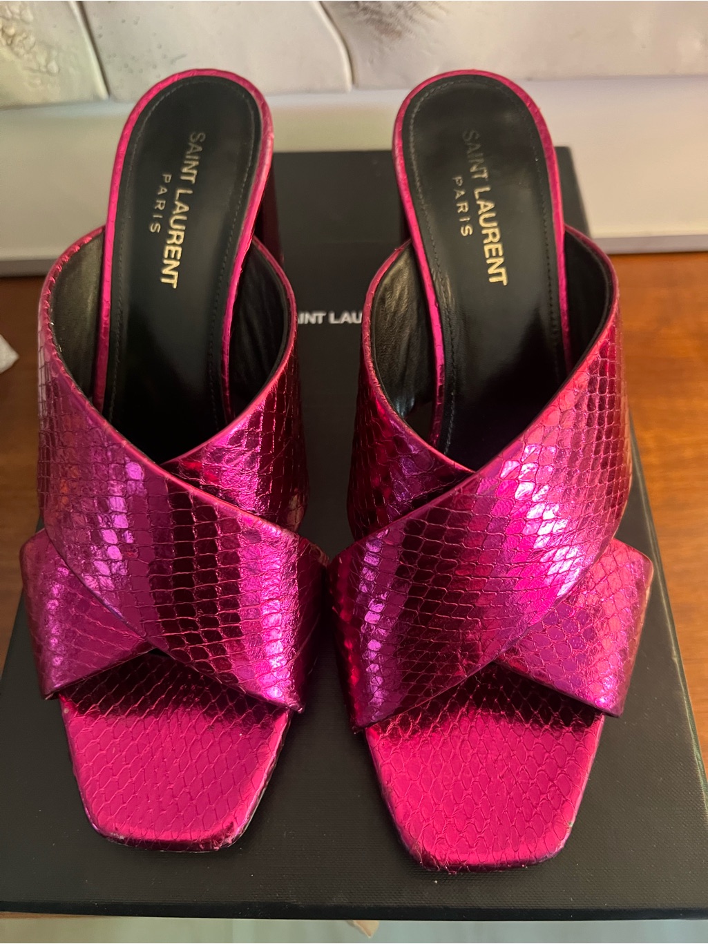 Saint Laurent Metallic Fuchsia Crisscross Mule Sandals